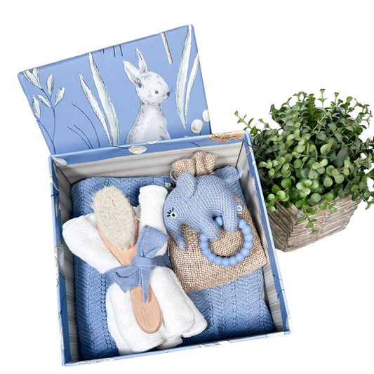 Luxury baby boy hamper with merino wool baby blanket and baby rattle