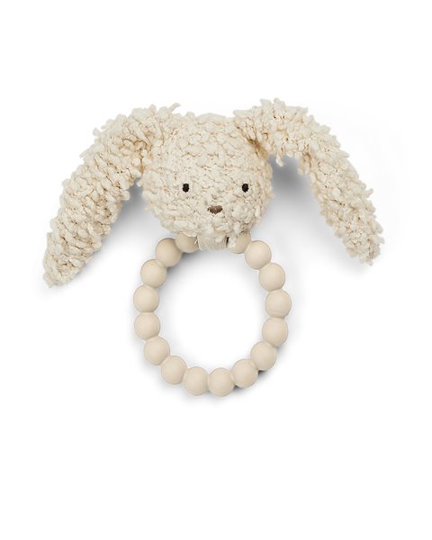 Bunny-shaped teething ring with white background