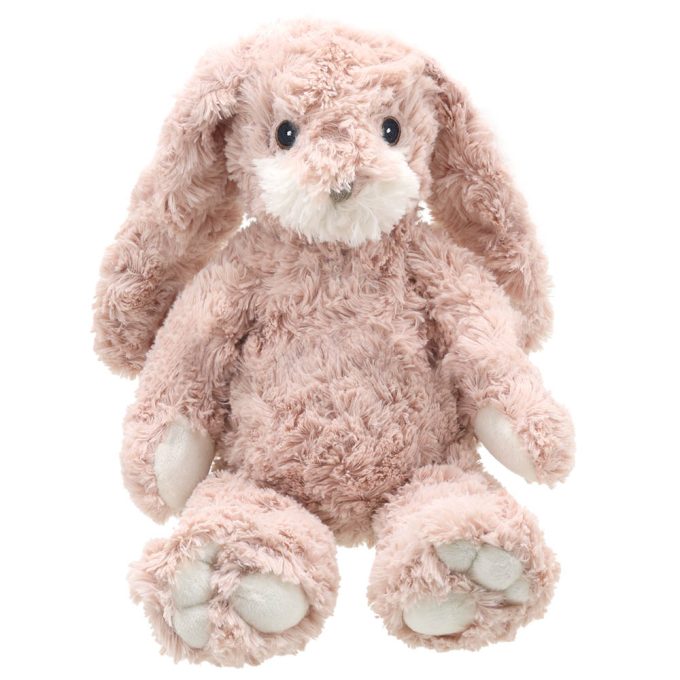 Pink plush bunny toy on a white background