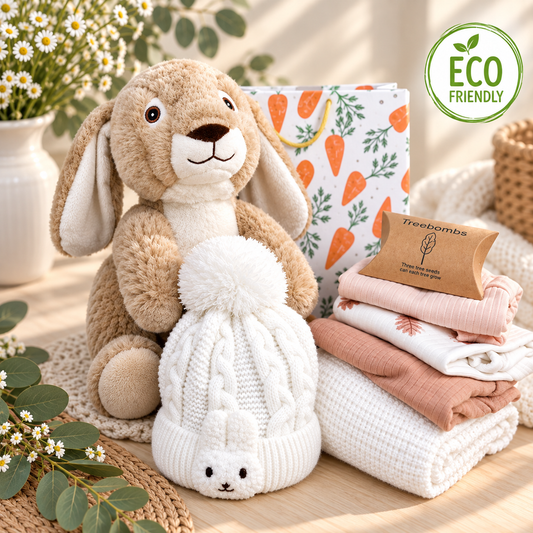 baby girl hamper with plush bunny toy, baby blankets and baby clothes