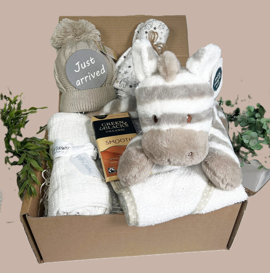 Neutral New Mummy Gifts, Zebra Soft Baby Toy, Cotton Baby Blanket, Large Muslin, Baby Pompom Hat, Baby Shower Gifts, New Baby Gift Ideas