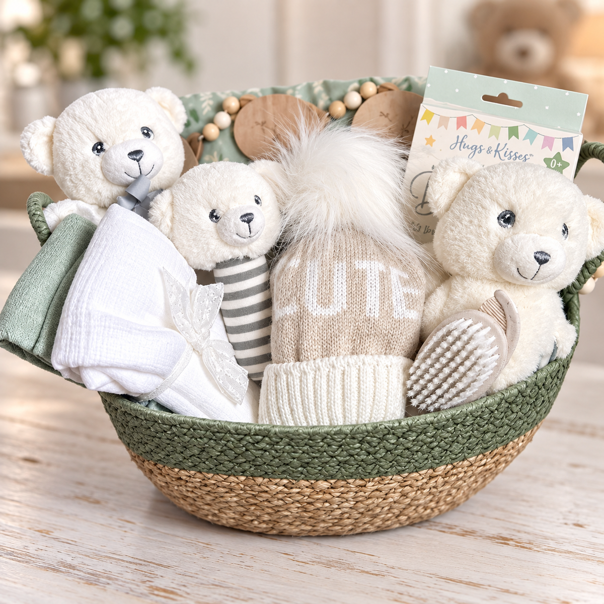 Little Cutie New Baby Gift Baskets, Green And White Baby Gifts, Baby Blankets.