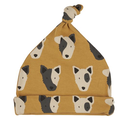Dog print baby knot hat in mustard dark grey and cream.
