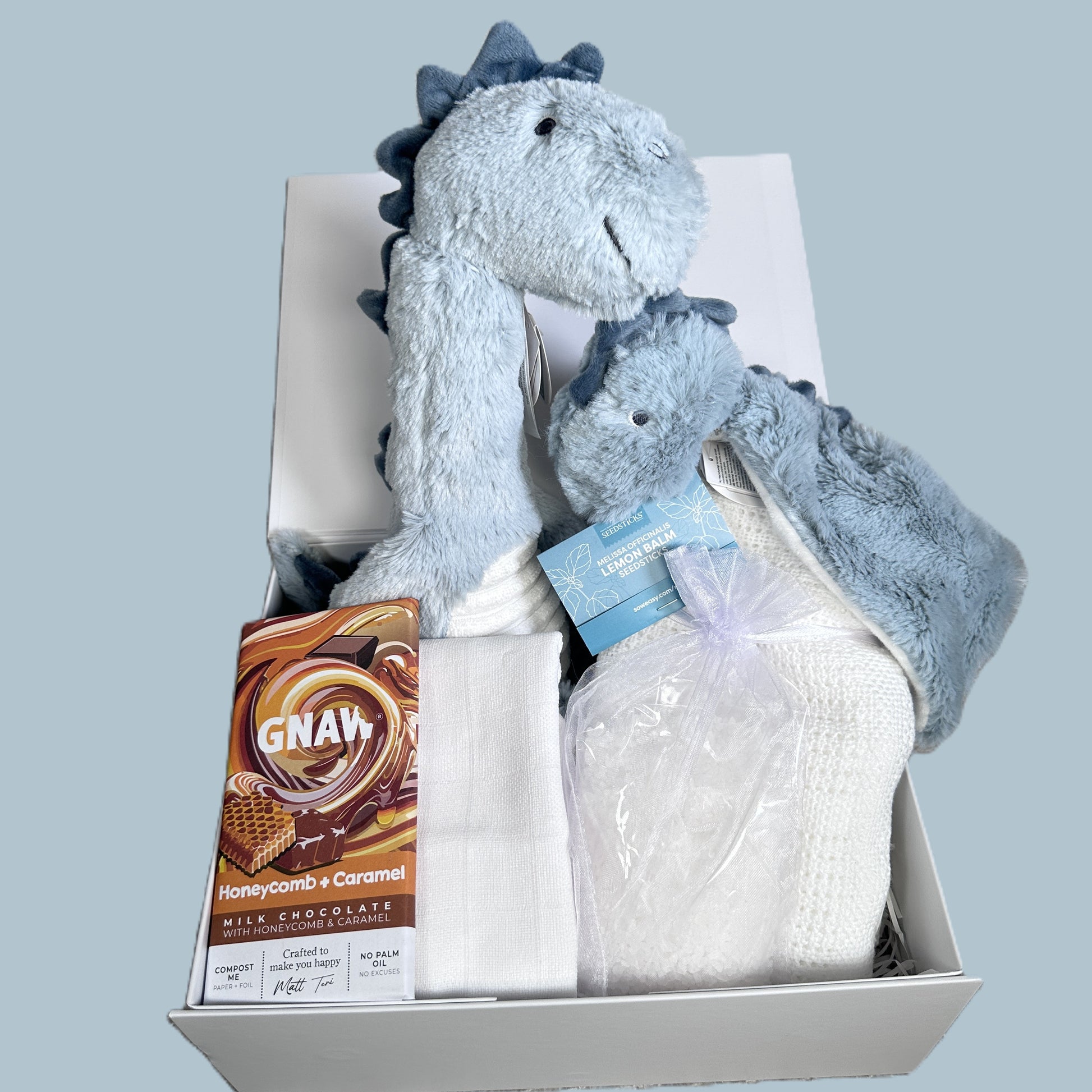 Baby hamper with light blue dinosaur soft baby toy and baby comforter