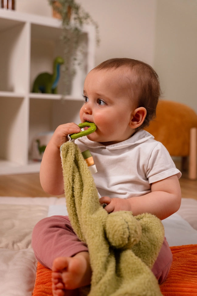 Baby playing with a green dinosaur baby comforter in a home setting