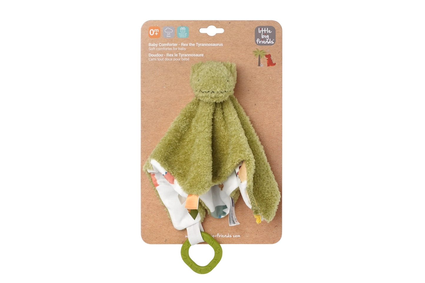 Green dinosaur baby comfort blanket with teether on a brown packaging