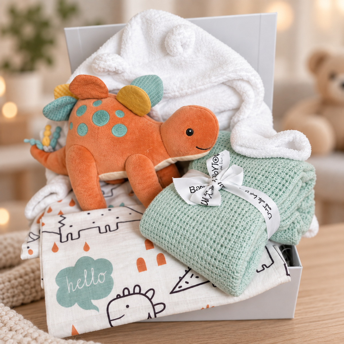 A baby gift hamper in a white baby keepsake box featuring a plush orange dinosaur toy form Mary Meyer, a white baby dressing gown, folded mint green cotton cellular baby blanket, and a patterned baby muslin with dinosaur illustrations.