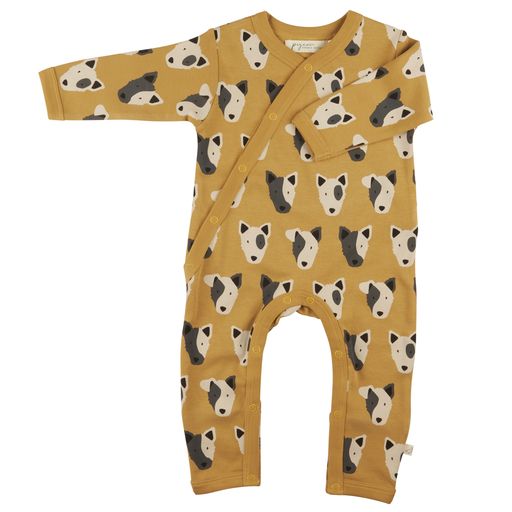 Dog print baby sleepsuit in mustard dark grey and cream.