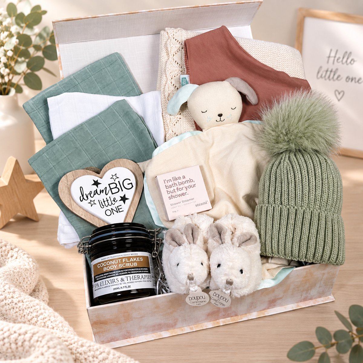 NEW BABY HAMPER SAGE AND TERRACOTTA AND CREAM, BABY BLANKET, BABY COMFORTER , NEW MUMMY TREATS