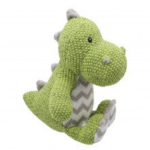 Soft toy, green dragonbright green with a grey and white zigzag patterned tummy. embroidered eyes, suitable from birth