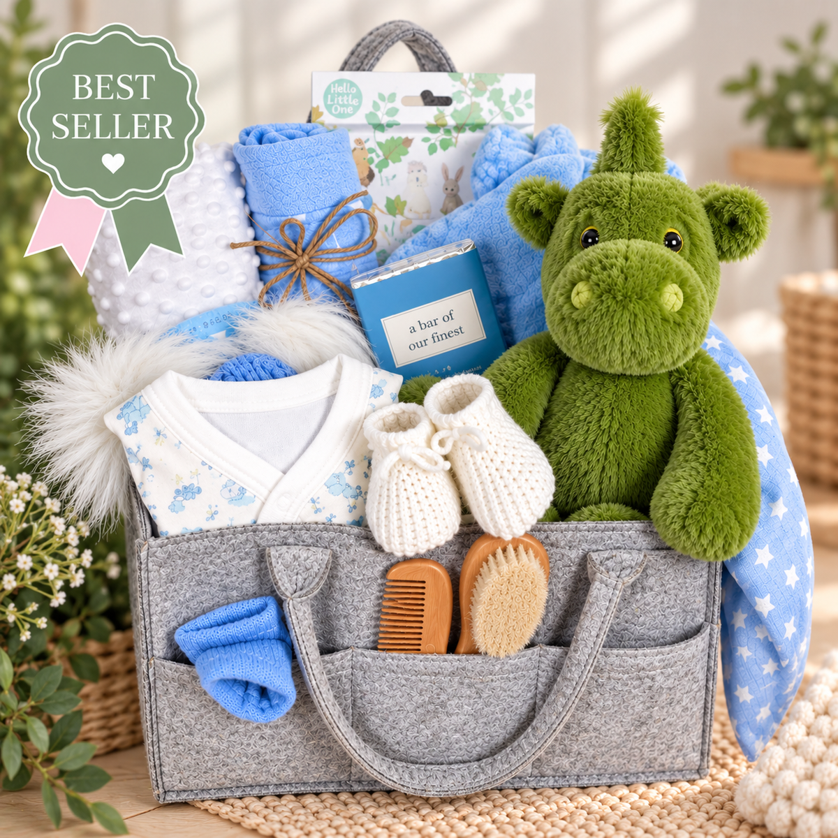 A grey nappy caddy containing a green dragon soft baby toy, a blue and white baby sleepsuit, a blue and white baby pompom hat, a soft white baby blankets, a blue baby dressing gown, a Ziggle baby knot hat and  in blue and white stars.