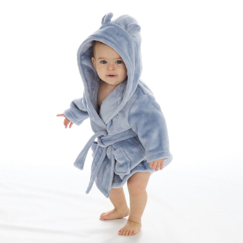 Blue baby dressing gown with hood which has bear ears.