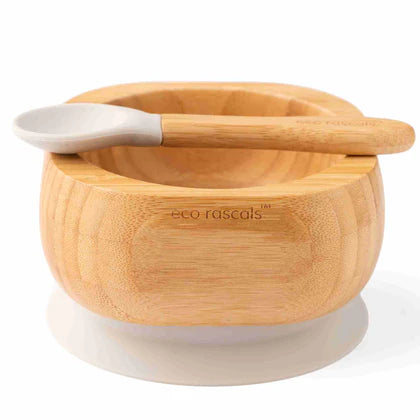 Eco Rascals bamboo baby bowl with grey silicone suction base and matching bamboo and silicone baby spoon