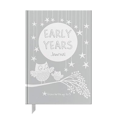 A grey hardcover journal with white illustrations of owls, stars, and a moon that reads 'EARLY YEARS Journal'.