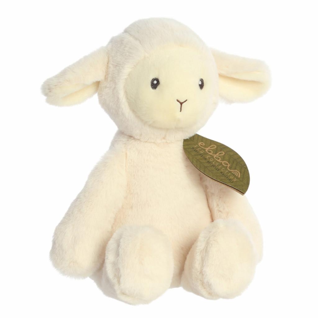 A cream-colored plush lamb toy with floppy ears, a stitched pink nose, and a green 'Ebba' brand tag, shown against a solid white background.