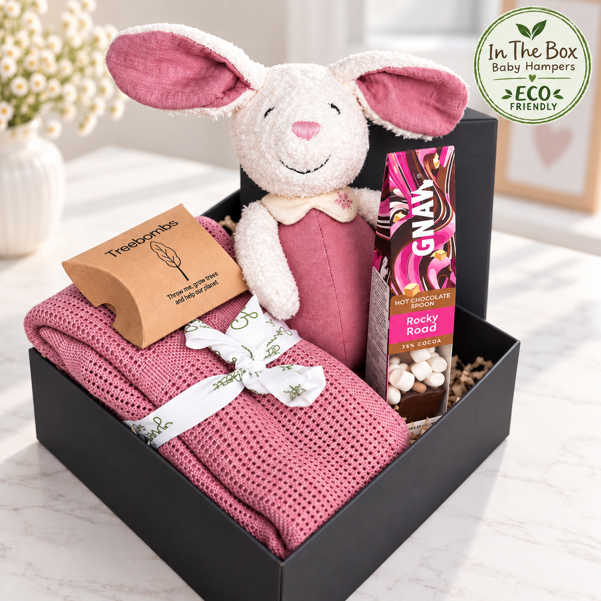 eco friendly new baby girl hamper with organic cotton bunny soft baby toy and bamboo cellular baby blanket