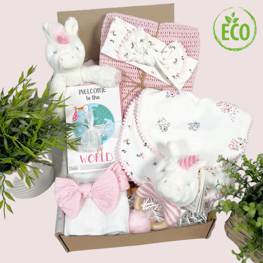 Perfectly Pink eco friendly new baby girl hamper gift with Keeleco unicorns, cotton floral baby bis, baby headbands, memorable moments cards