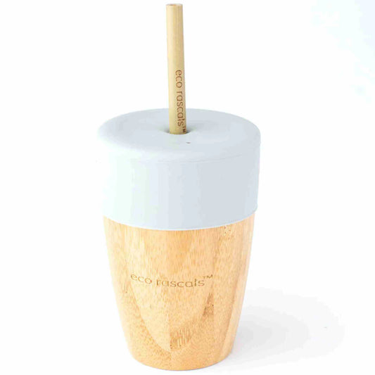 Eco rascals Bamboo cup an d Straws. The cup cover is made of food grade silisone and is grey in colour. The starw is made is bamboo, two come with the cup.