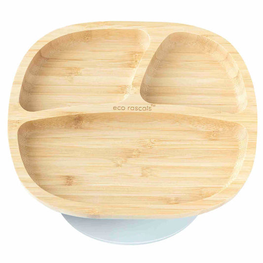 Eco Rasals Bamboo rectangular baby weaning plate. with a grey silicone suction base.
