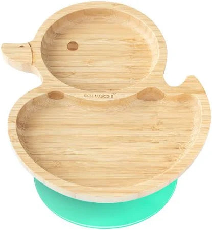 eco rascals Bamboo duck-shaped plate with a green base on a white background