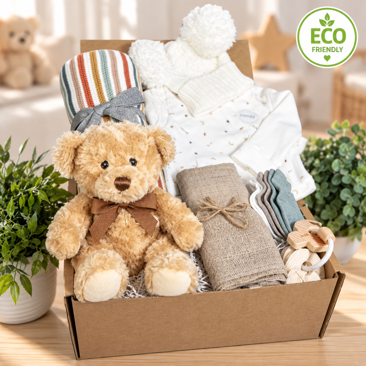 Gorgeous neutral new mummy and baby hamper containing eco friendly baby toiletries, a cotton baby dressing gown with hood, an eco friendly teddy bear baby toy, a baby pompom hat, a bar of chocolate and some shower spa steamers for Mummy, a pair of hand crocheted baby booties with pompoms, a  muslin square and a "Hello World" plaque.
