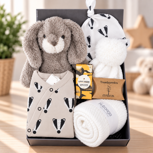 NEW BABY GIF IN A BABY KEEPSAKE BOX WITH A BADGER PRINT BABY ROMPER AND MATCHING HAT. WHITE COTTON CELLAUAR BABY BLANKET, WHITE BABY POMPOM HAT