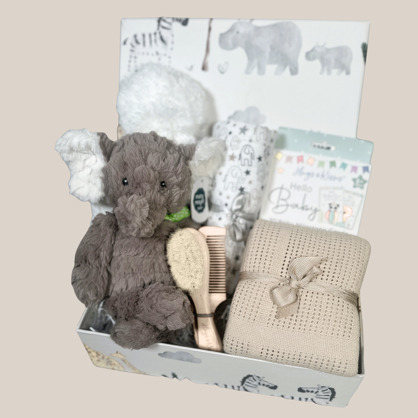 Elephant themed new baby hamper with Elephant soft toy, baby blanket, memorable moments cards in a baby keepsake box