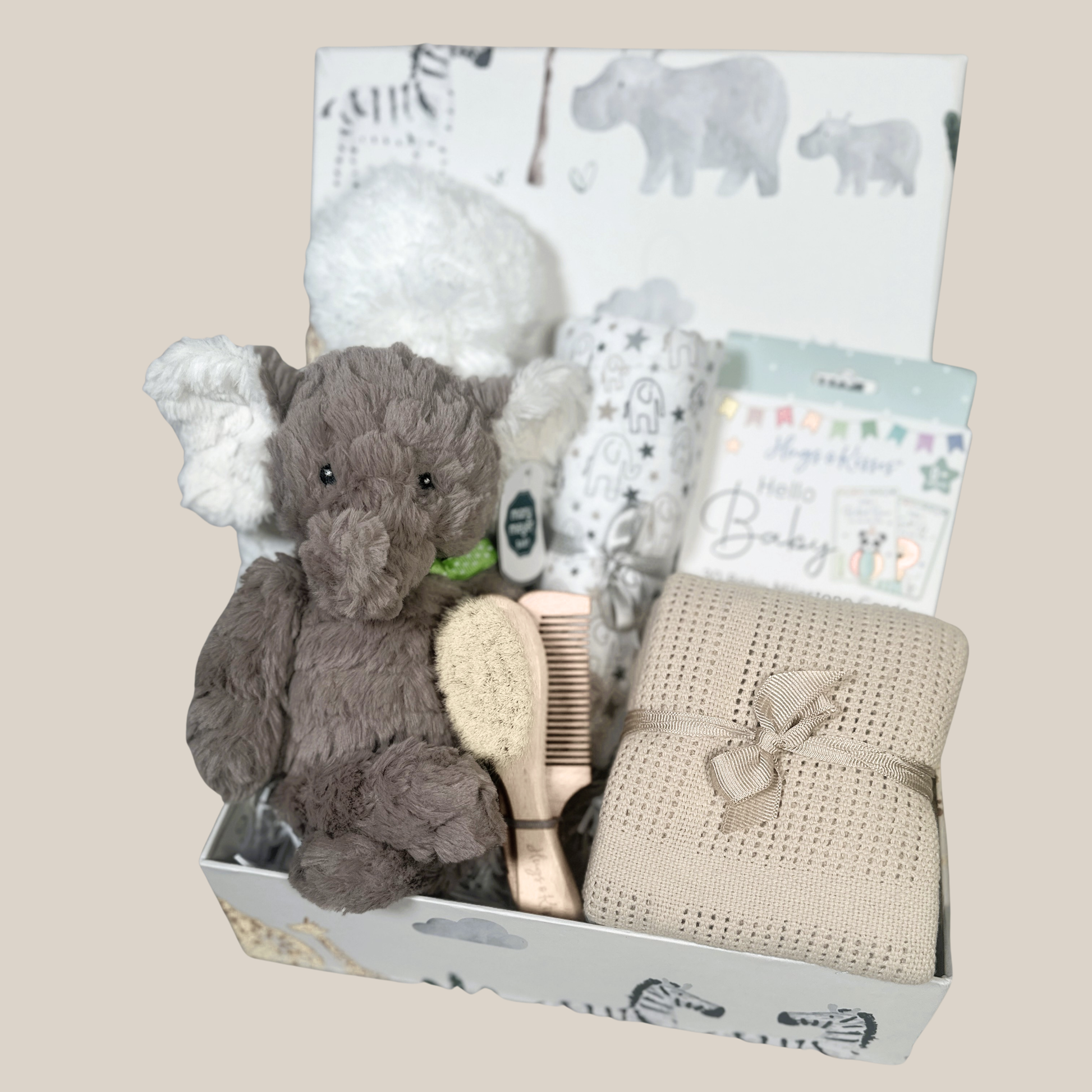 Elephant themed new baby hamper with Elephant soft toy, baby blanket, memorable moments cards in a baby keepsake box