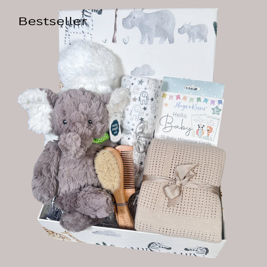 Elephant themed new baby hamper with Elephant soft toy, baby blanket, memorable moments cards in a baby keepsake box