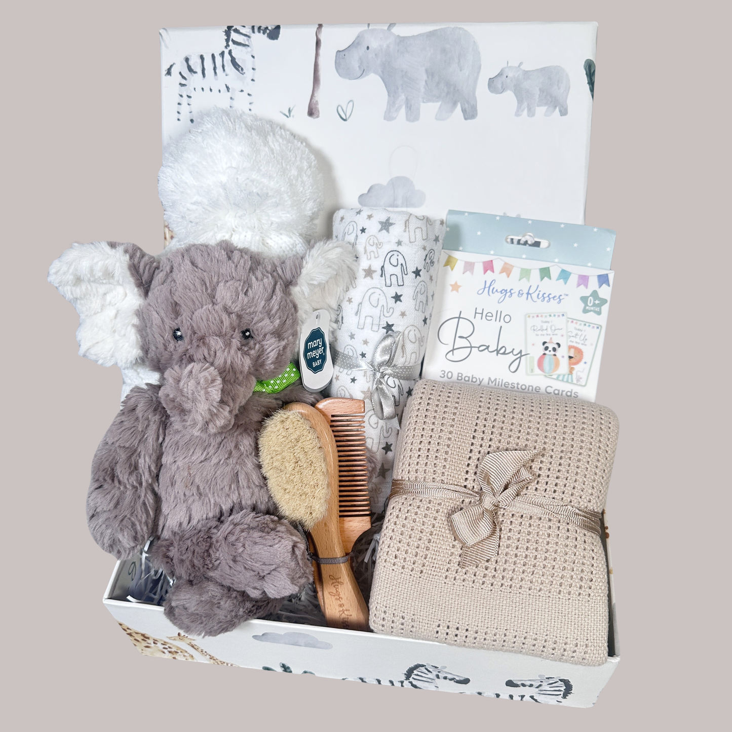 Elephant themed new baby hamper with Elephant soft toy, baby blanket, memorable moments cards in a baby keepsake box