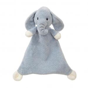 Elly elephant Baby blankie comforter in pale blue with embroidered eyes and trunk detail.