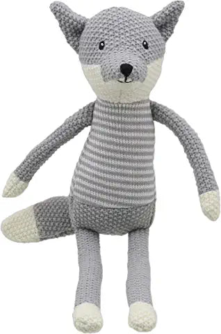 Knitted toy fox with a striped body on a white background