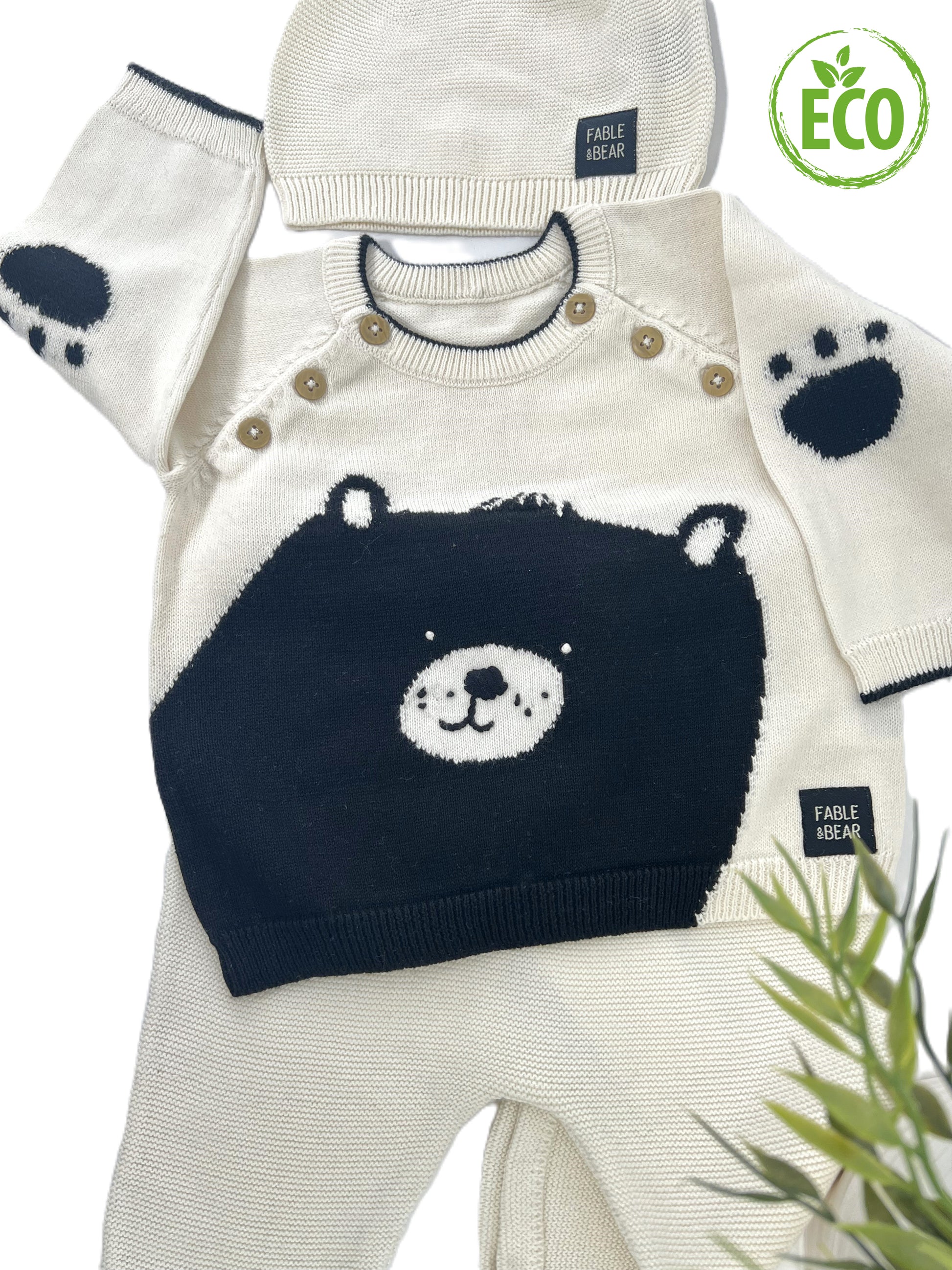 Organic cotton baby clothing set , a baby jumper with a bear face and hand stitched facial features, a matching baby hat and baby leggings