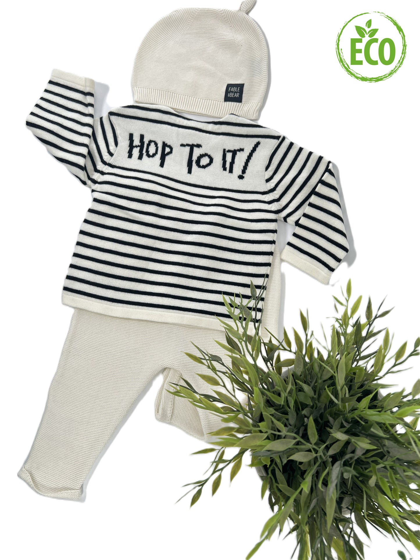 Organic cotton baby clothing set , a baby jumper with a bear face and hand stitched facial features, a matching baby hat and baby leggings