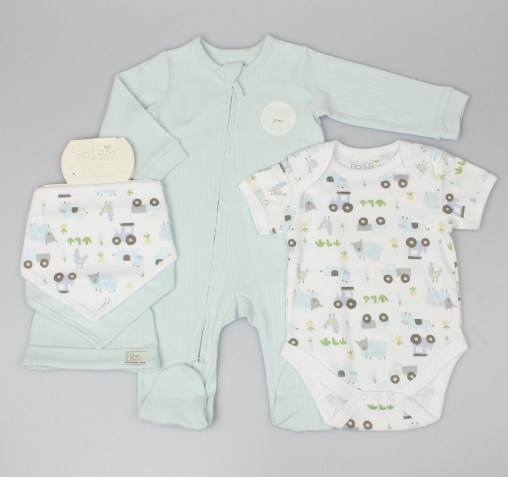 Organic cotton baby layette set with double zipped baby sleepsuit, 2 baby dribble bibs, a baby hat and a farmyard print short sleeved baby body suit.