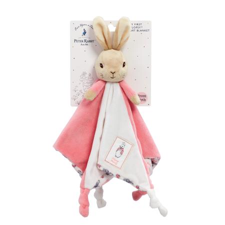 Plush Flopsey Bunny comfort blanket toy with pink blanket and bunny design on a white background