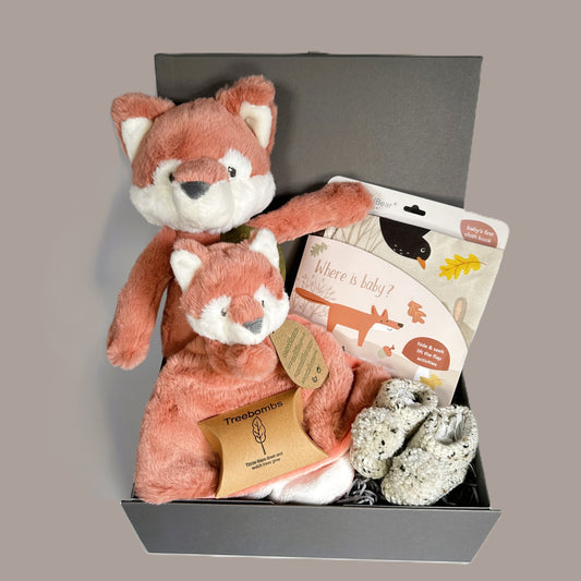Neutral New Baby shower gift full of eco friendly items including  a cloth baby book, an Ebba Fox soft toy and Ebba fox baby comforter, a cotton baby bib and a pair of crocheted baby booties with pompoms.