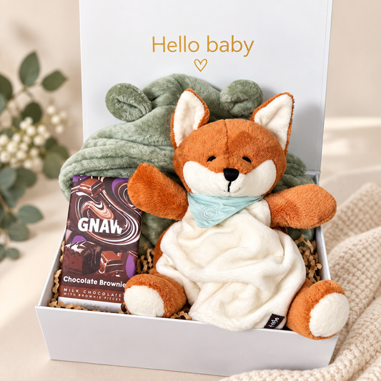 Fox themed new baby gift with sage green hooded baby robe, fox baby comforter and a bar of Gnaw chocolate in a baby keepsake box.