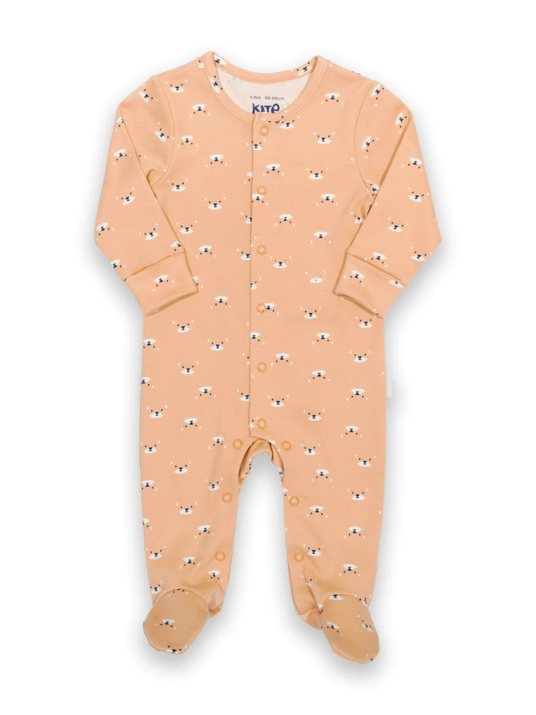 GOTS certified baby sleep suit in a mid orange colour with a repeated otter face print in dark blue and white. Poppers in all the usual places.
