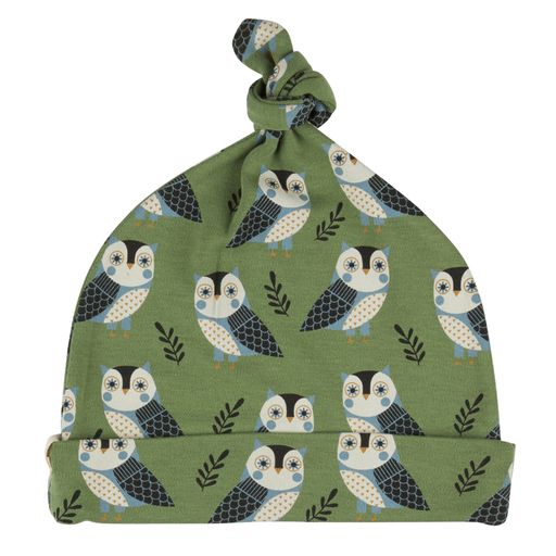 Gots certied organci cotton baby knot hat in green with navy and white owl print.