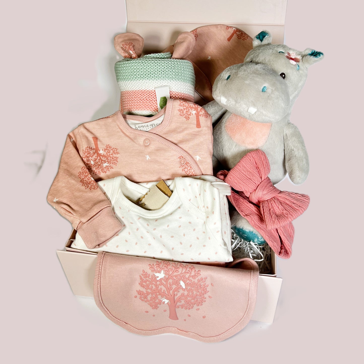 A new baby girl hamper in a pink magnetic baby keepsake box which contains a Mary Meyer Jewel Hippo soft baby toy and an organic cotton layette set and a pink , white and green striped cotton baby blanket.