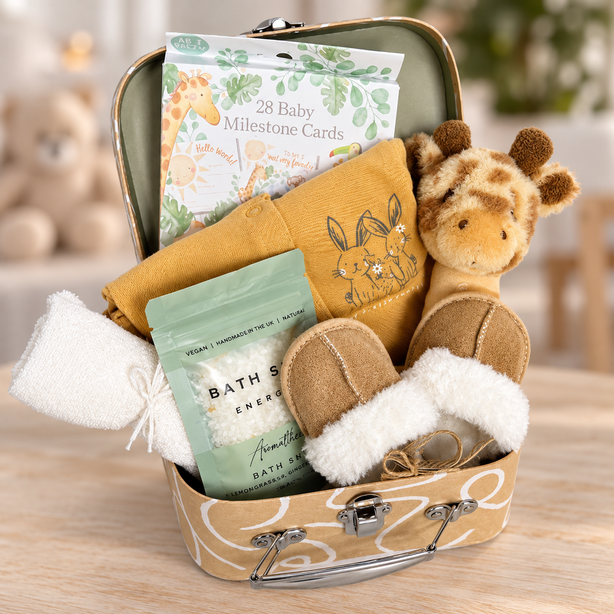 Baby shower gift case with baby rattle, bath salts, baby romper, baby slippers and milestone cards.