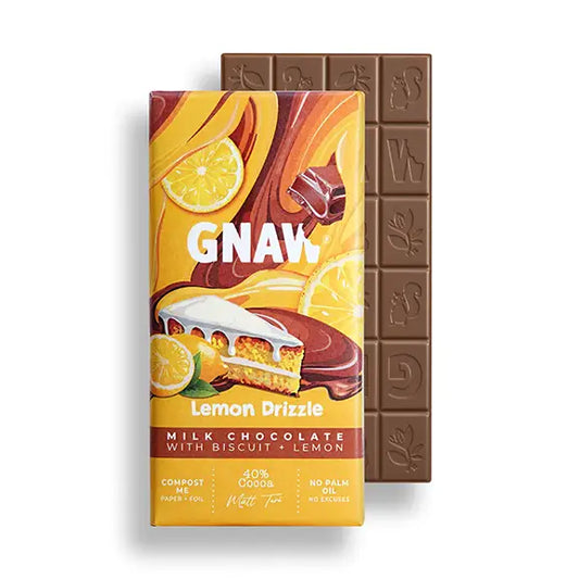 Gnaw Chocolate bar with lemon drizzle flavor packaging on a white background