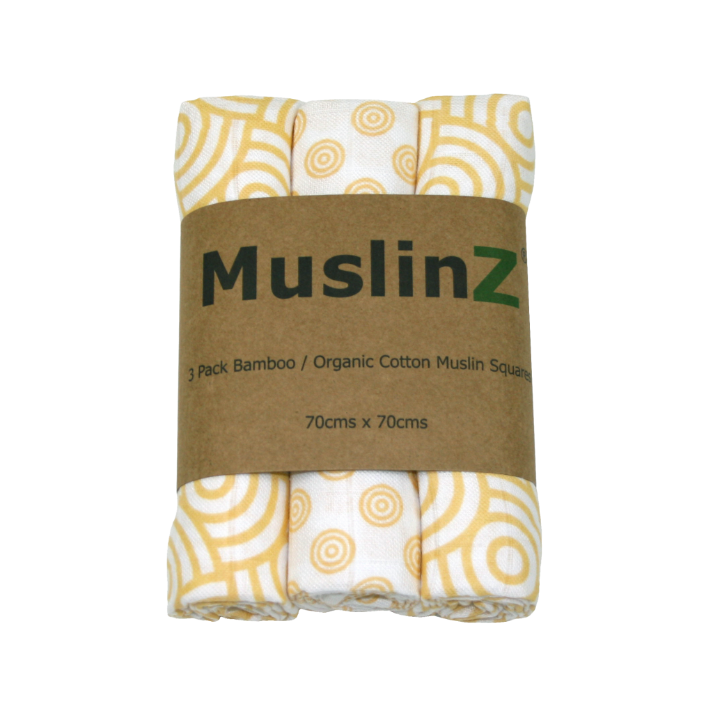 3 X Muslinz baby muslins in a white and yellow/old print.