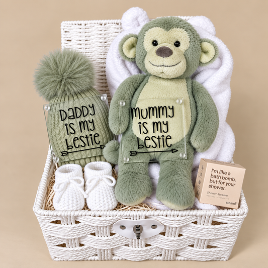 Neutral new baby hamper with a sage green plush monkey toy, a sage green baby pompom hat. Two new parents glass coasters, a pair of baby booties, shower steamer  in a white paper rope hamper.