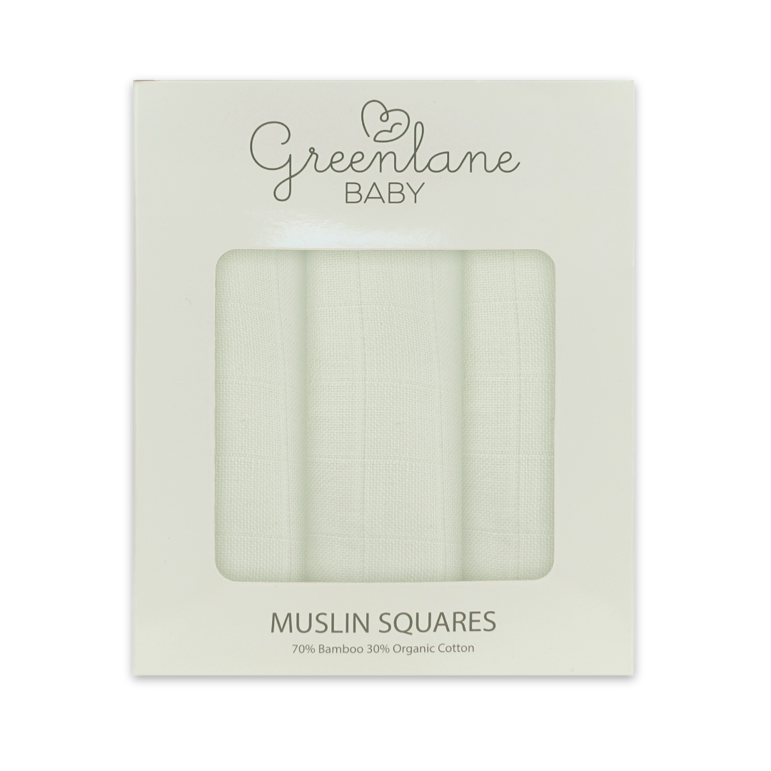 Packaging of Greenland Baby muslin squares on a white background