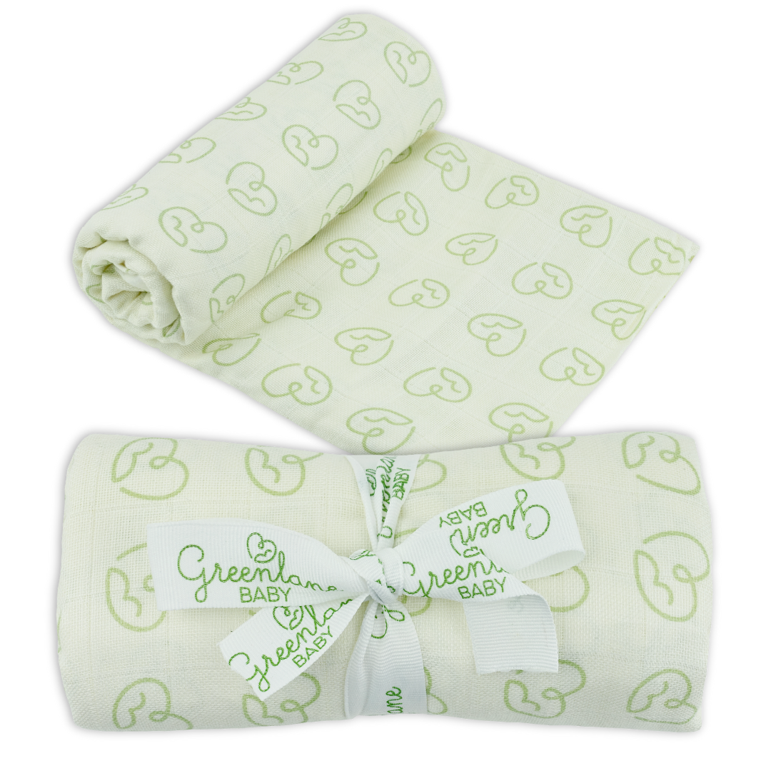 bamboo and GOTS organic cotton baby swaddle with green heart print