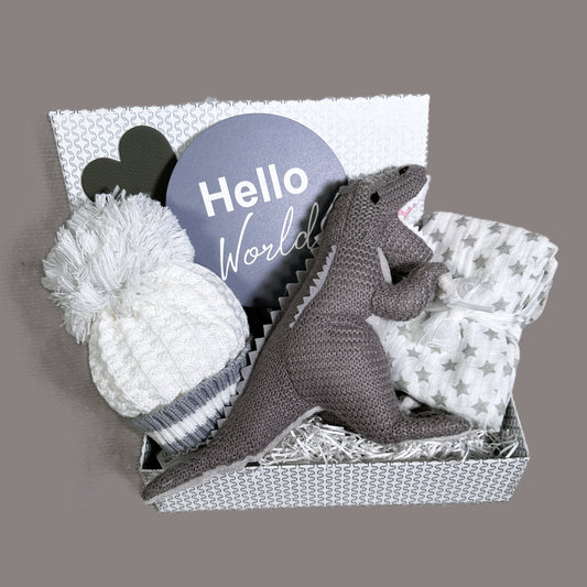 Baby gift set with knitted dinosaur toy, white pom-pom hat, and baby muslins in a box with 'Hello World' card on a grey background
