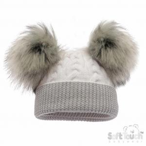 White baby pompom hat with 2 grey pompoms 