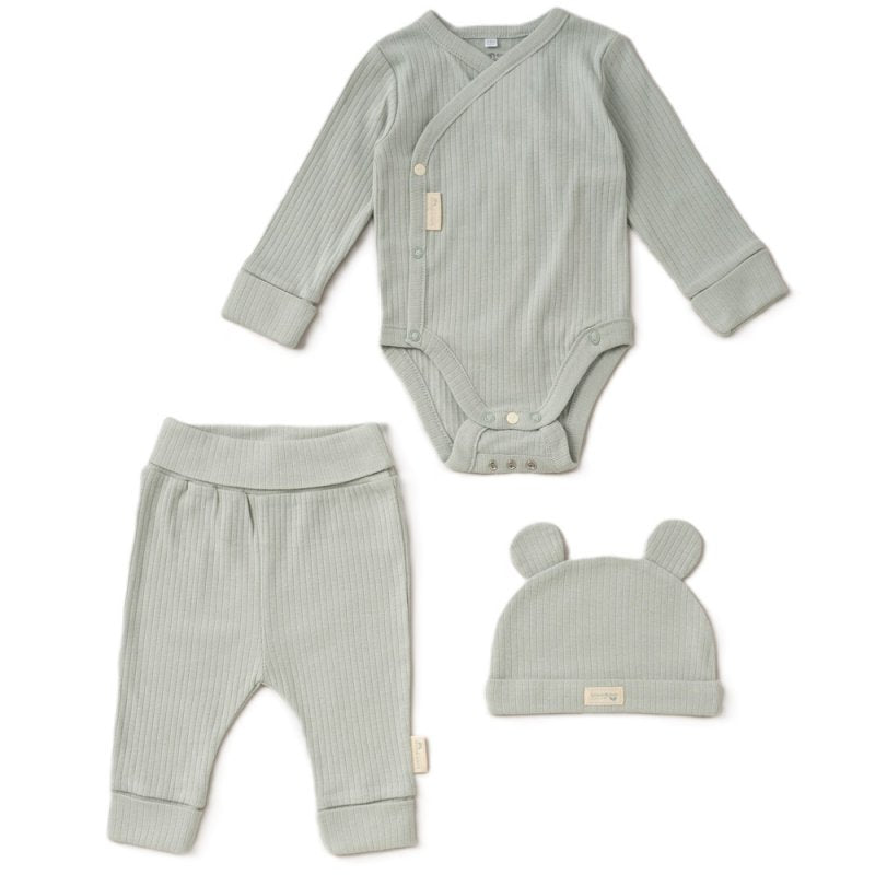 Sage green baby outfit set with long sleeved bodysuit, baby trousers, and hat on a white background